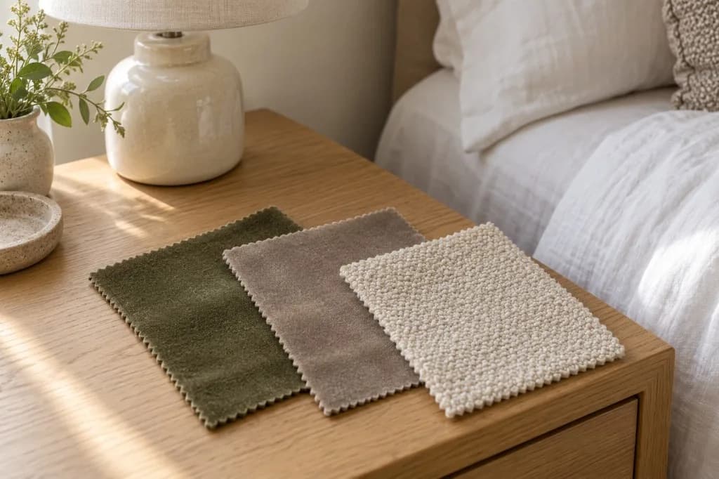 Illustrative olive and taupe velvet samples beside cream bouclé on an oak bedside table.