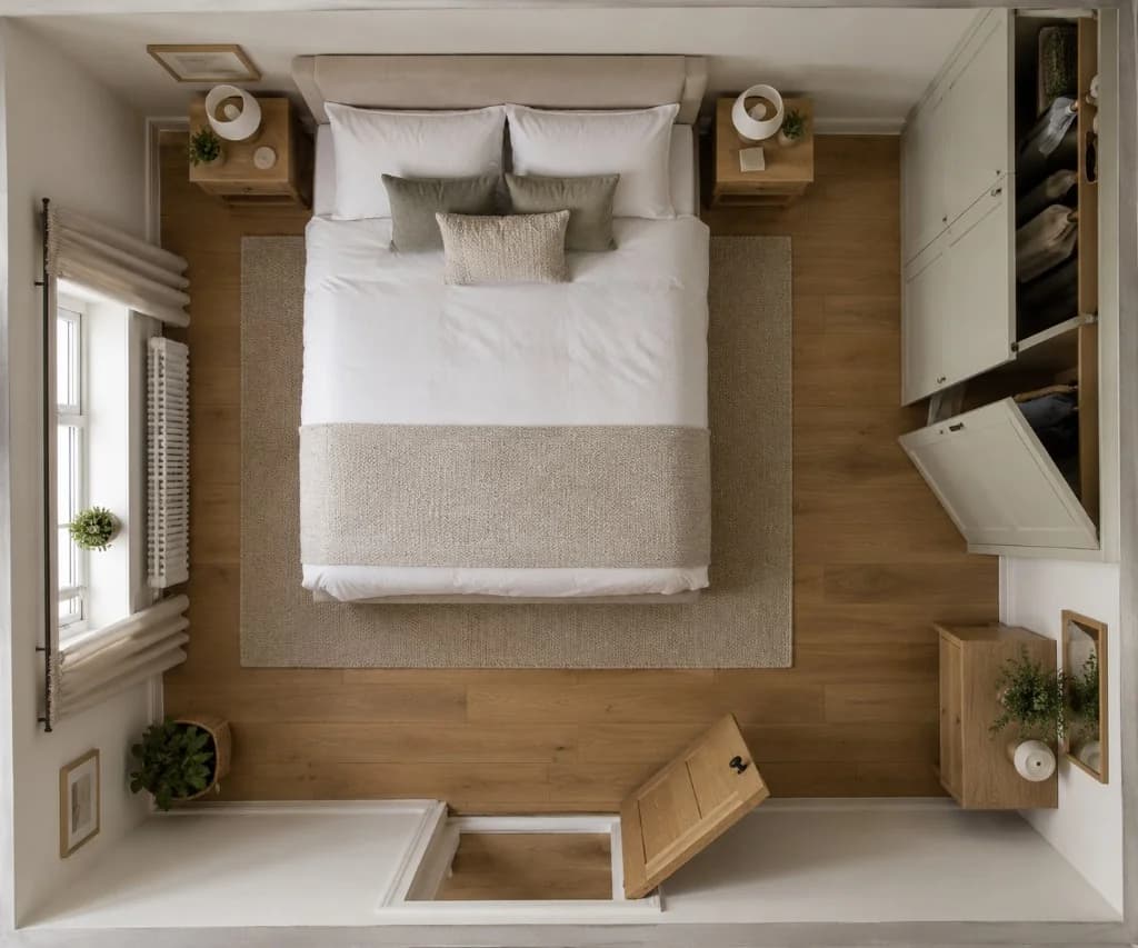 Overhead bedroom layout showing bed, wardrobe, door and walking space