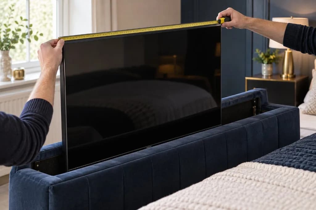 Measuring the overall width of a television before fitting it into a TV bed
