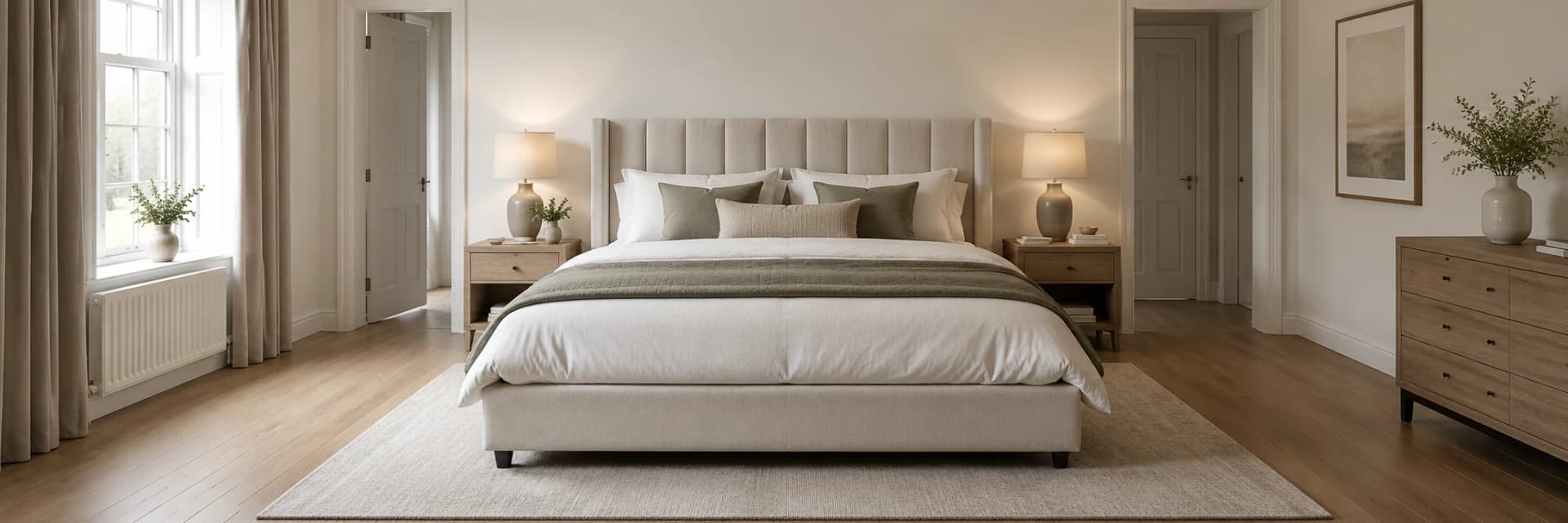 Upholstered king size bed in a UK bedroom with clear floor space on both sides