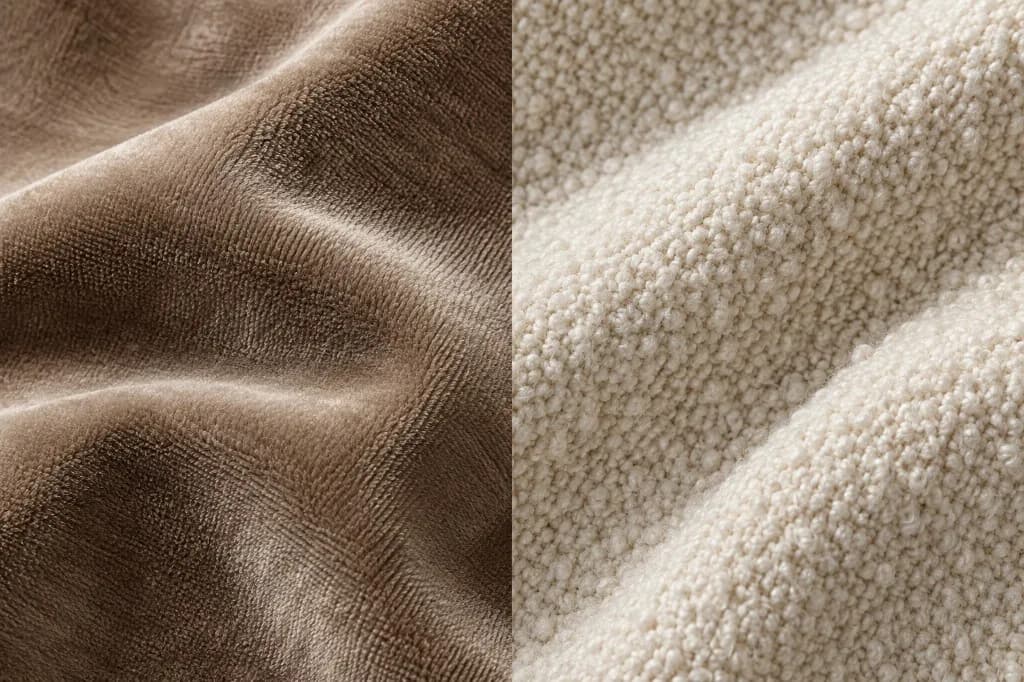 Illustrative close-up of taupe velvet pile beside cream looped bouclé upholstery.