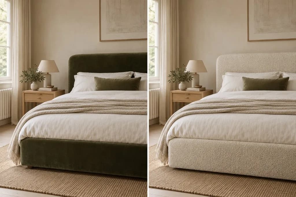 Illustrative comparison of an olive velvet bed and an oatmeal bouclé bed in similar neutral bedrooms.