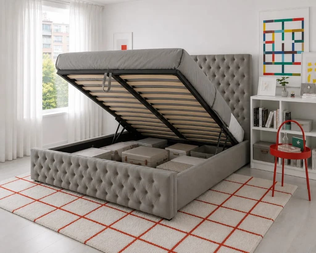 Ottoman bed base lifted on gas struts to reveal the storage compartment beneath the mattress platform