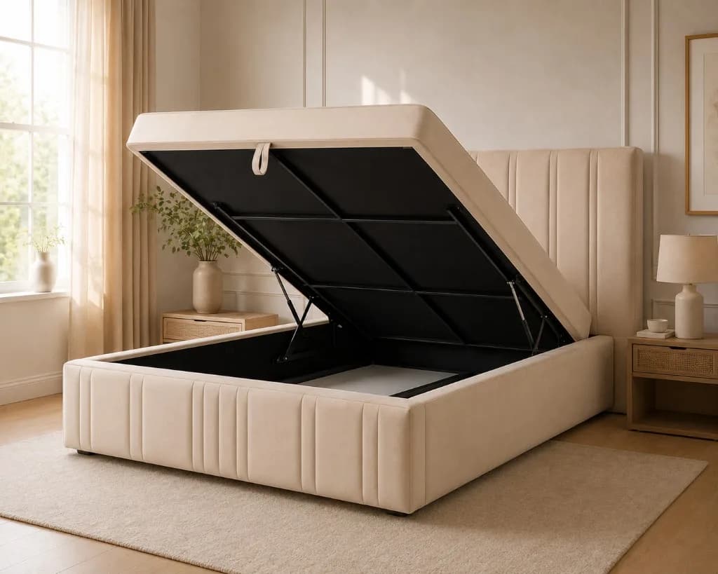 Ottoman storage compartment with bedding and storage boxes arranged in separate zones
