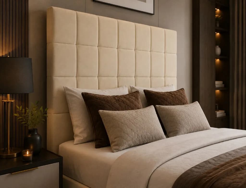 Close-up of upholstered TV bed headboard showing fabric texture and stitching detail