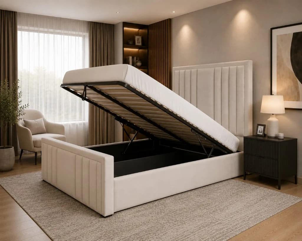 TV bed with the flat-screen television lifted upright from the footboard compartment