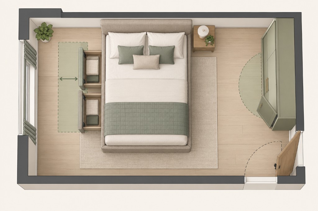 Top-down bedroom layout showing the floor space required to open storage-bed drawers