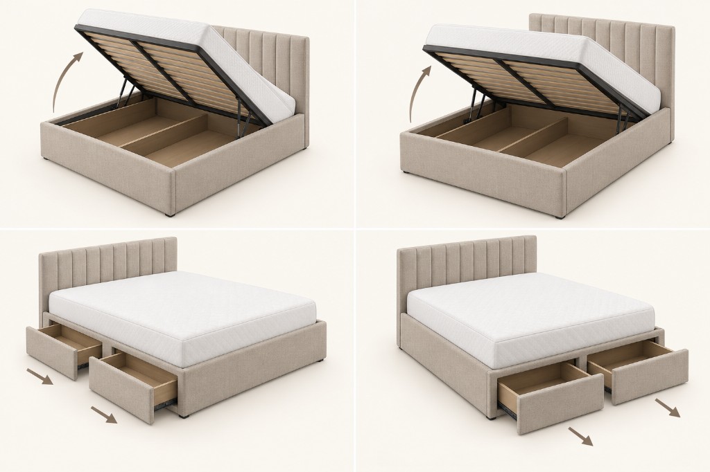 Four types of storage beds showing side-lift, end-lift, side drawers and foot-end drawers